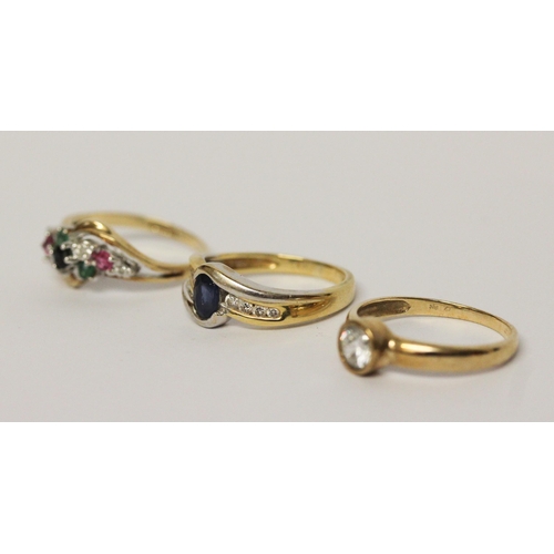 637 - A collection of 9ct gold rings -a sapphire and diamond ring size L, a CZ ring size N, and a sapphire... 