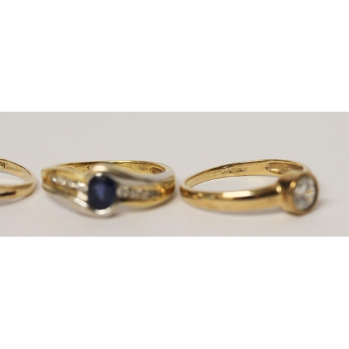 637 - A collection of 9ct gold rings -a sapphire and diamond ring size L, a CZ ring size N, and a sapphire... 