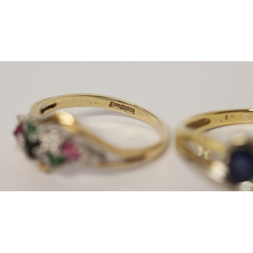 637 - A collection of 9ct gold rings -a sapphire and diamond ring size L, a CZ ring size N, and a sapphire... 