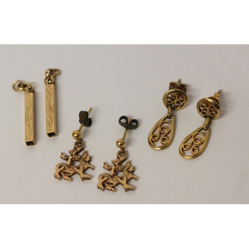 639 - Three pairs of 9ct yellow gold drop earrings, gross weight 6.8 grams