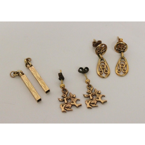 639 - Three pairs of 9ct yellow gold drop earrings, gross weight 6.8 grams