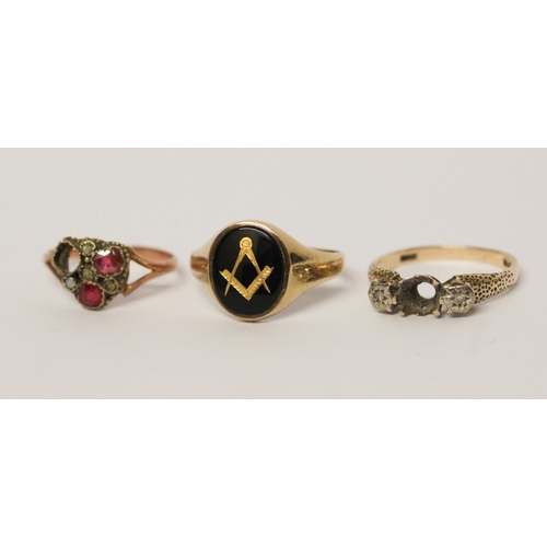 641 - 9ct gents masonic signet ring, size S, and two 9ct gold rings with stones missing. Gross weight of l... 