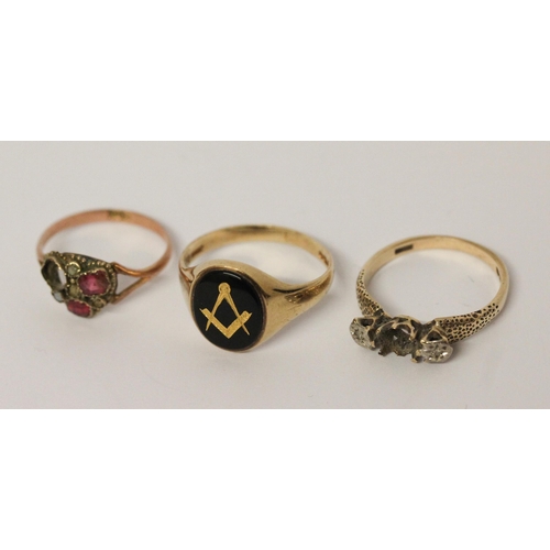 641 - 9ct gents masonic signet ring, size S, and two 9ct gold rings with stones missing. Gross weight of l... 