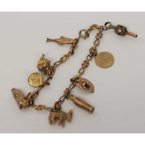 643 - A 9ct gold charm bracelet, set with animal and other 9ct gold charms. gross weight 21.6 g, 19 cms lo... 