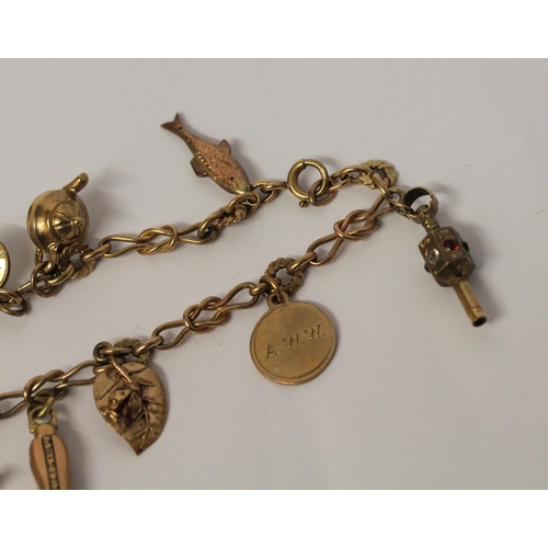 643 - A 9ct gold charm bracelet, set with animal and other 9ct gold charms. gross weight 21.6 g, 19 cms lo... 