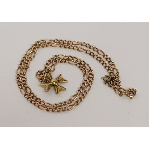 644 - 9ct gold Figaro chain with filigree Maltese cross pendant, weight 14.4 grams