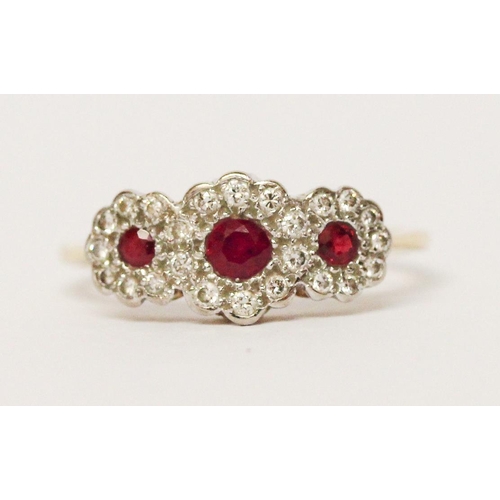 650 - Edwardian ruby and diamond triple cluster ring, designed as three flower shaped clusters, on 18ct go... 