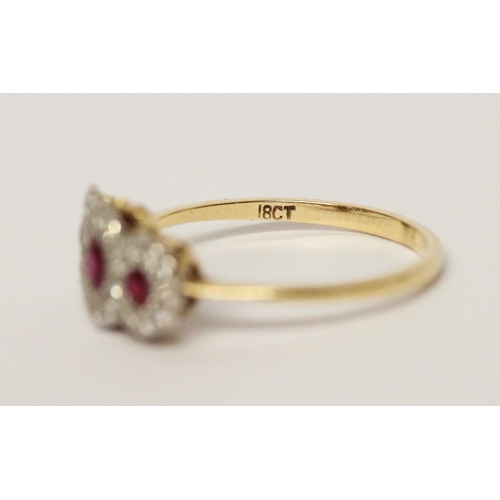 650 - Edwardian ruby and diamond triple cluster ring, designed as three flower shaped clusters, on 18ct go... 