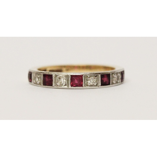 653 - Vintage Ruby and diamond half hoop eternity ring, yellow gold band marked '18ct & plat'. Ring size  ... 