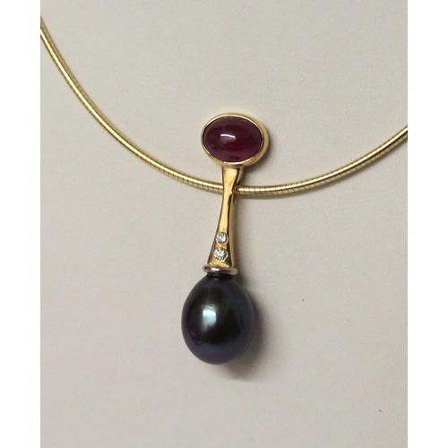 656 - A modern cabochon ruby, diamond and grey pearl pendant, suspended from a modern 18ct yellow gold sna... 