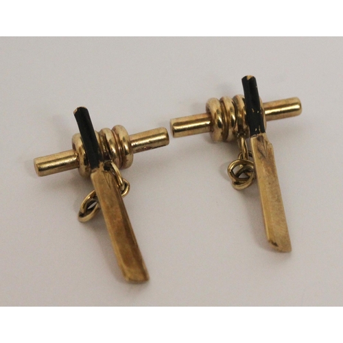 683 - Cricketing interest - a pair of gents yellow gold and black enamel cricket bat & bail cufflinks. Unm... 