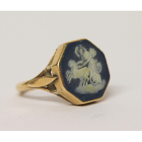 687 - Antique jasper panel ring, the octagonal porcelain panel set in 18ct yellow gold setting and band, s... 