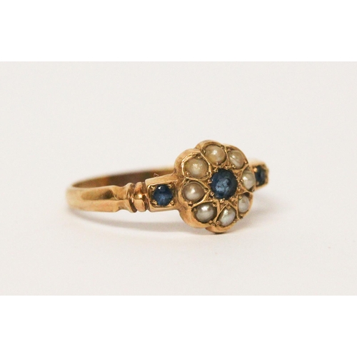 699 - Edwardian 18ct gold sapphire and split pearl flower cluster ring, hallmarked, ring size P, weight 2 ... 