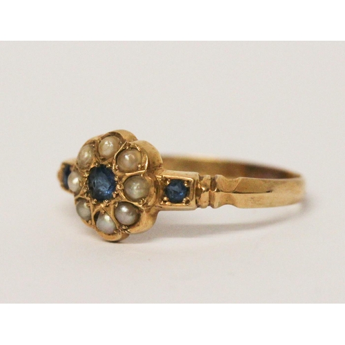 699 - Edwardian 18ct gold sapphire and split pearl flower cluster ring, hallmarked, ring size P, weight 2 ... 