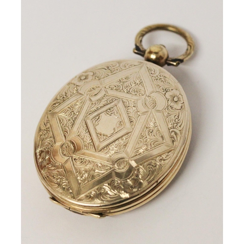 716 - Victorian oval yellow metal locket, with initials engraved to front cartouche, dated 1858. 6 cms lon... 