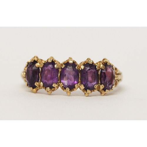 727 - Antique style five stone amethyst half hoop ring, in granulated 9ct gold setting, ring size T, weigh... 