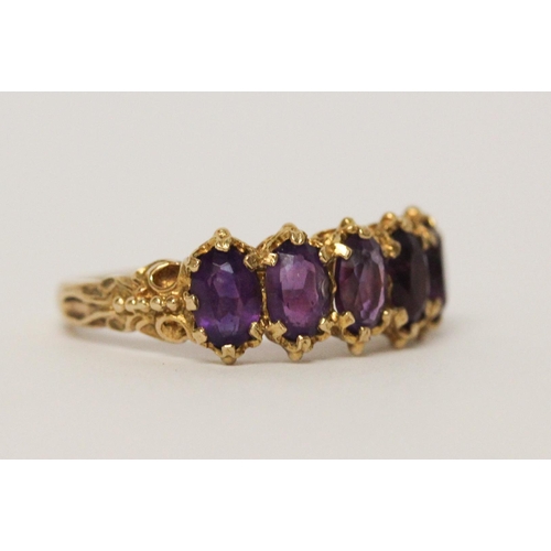 727 - Antique style five stone amethyst half hoop ring, in granulated 9ct gold setting, ring size T, weigh... 