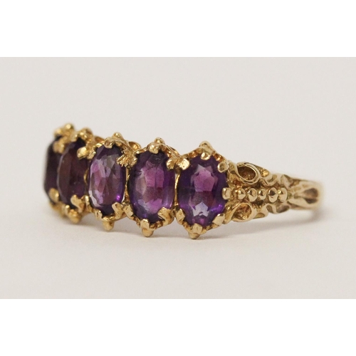 727 - Antique style five stone amethyst half hoop ring, in granulated 9ct gold setting, ring size T, weigh... 