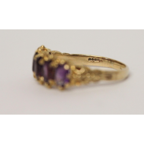 727 - Antique style five stone amethyst half hoop ring, in granulated 9ct gold setting, ring size T, weigh... 