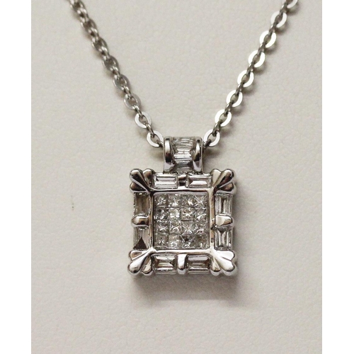 729 - A modern 14ct white gold diamond cluster square pendant on fine 14k gold chain, together with a pair... 