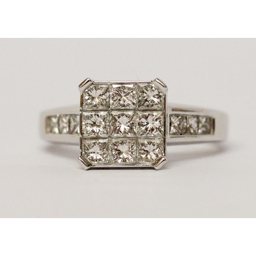 731 - Large modern diamond pave square panel dress ring, with channel set princess cut diamond shoulders, ... 