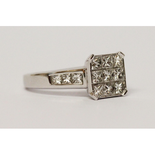 731 - Large modern diamond pave square panel dress ring, with channel set princess cut diamond shoulders, ... 