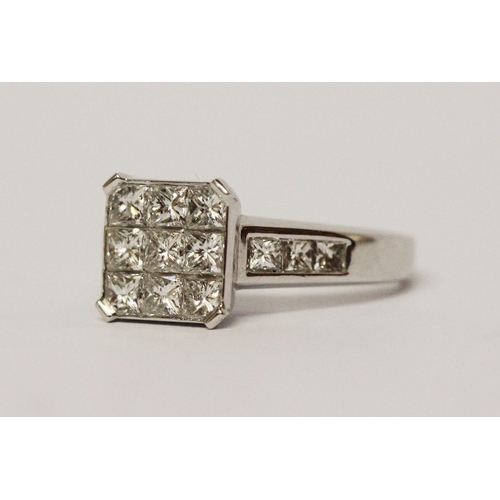 731 - Large modern diamond pave square panel dress ring, with channel set princess cut diamond shoulders, ... 