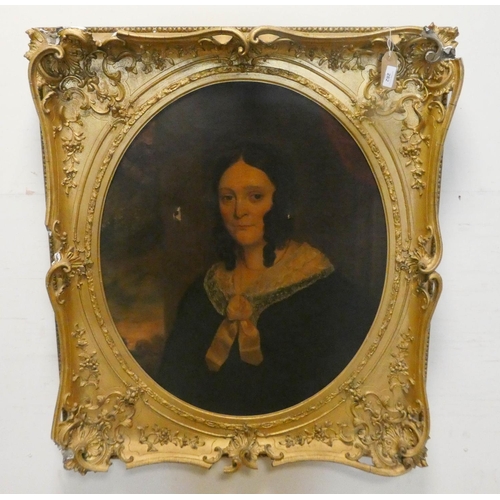 282 - A 19th century oil on canvas half-length portrait of Georgian lady in an oval gilt gesso decorated f... 