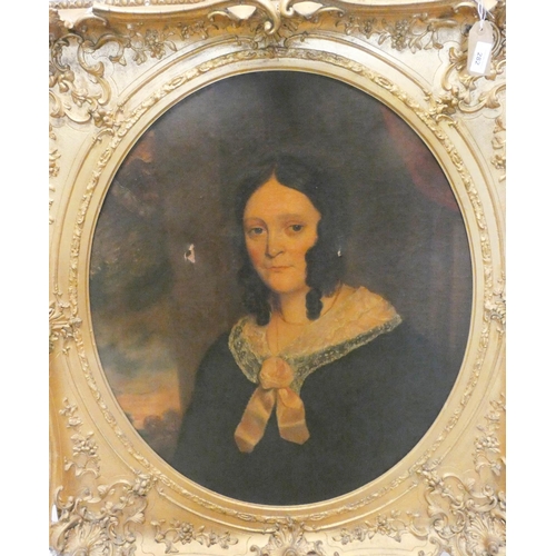 282 - A 19th century oil on canvas half-length portrait of Georgian lady in an oval gilt gesso decorated f... 