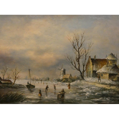 284 - Dutch School oil on panel painting depicting a Winter Dutch scene, signed lower left Leickert in a g... 