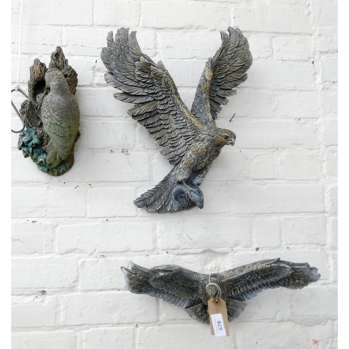 878 - Three wall hanging plaster bird ornaments - one eagle, one hawk and a woodpecker with a chick