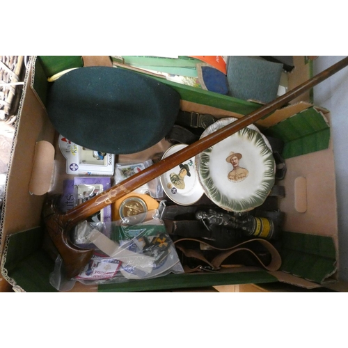 948 - A large box of Boy Scout memorabilia including several belts, buckles, sticks, hats, badges, medals,... 