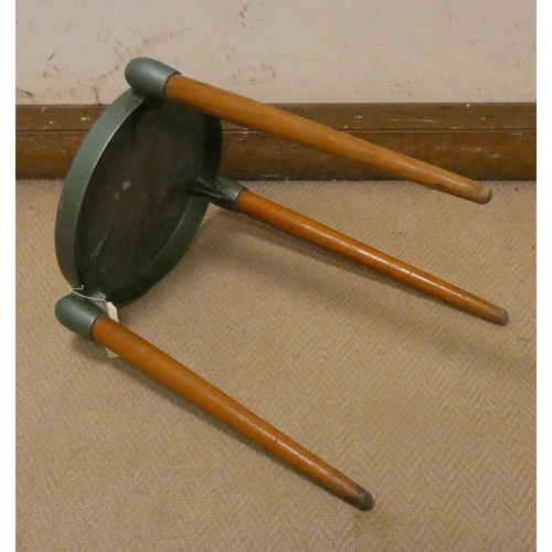 242 - Gerald Summers 1899-1967, A mid-century tripod stool with metal top and turned ash legs, makers mark... 