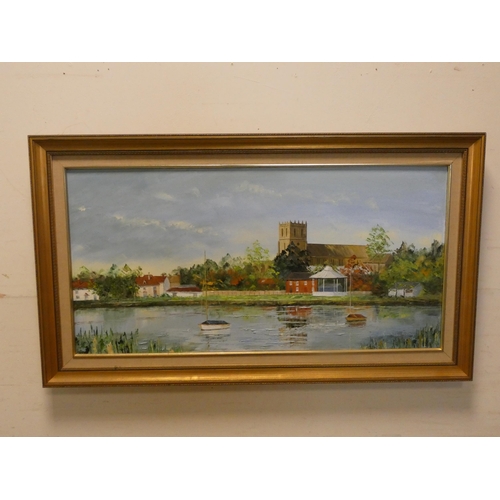 298 - Rachel Long local Dorset Artist, oil on canvas depicting Christchurch Priory, signed lower right in ... 