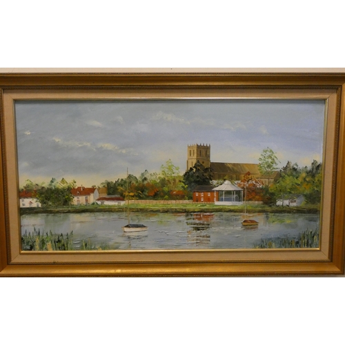 298 - Rachel Long local Dorset Artist, oil on canvas depicting Christchurch Priory, signed lower right in ... 