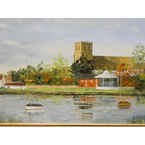 298 - Rachel Long local Dorset Artist, oil on canvas depicting Christchurch Priory, signed lower right in ... 