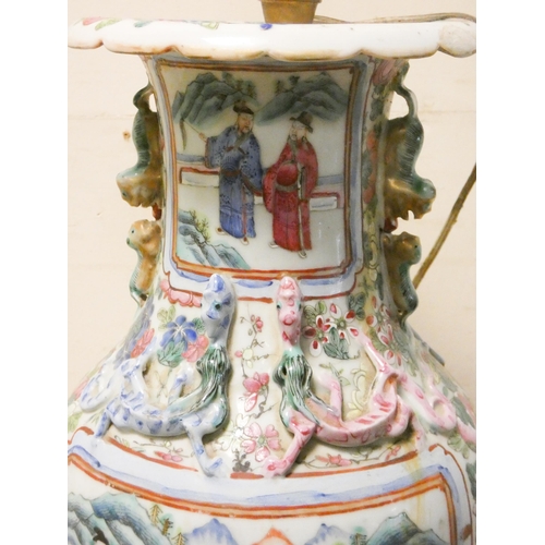 311 - A large 19th century Chinese Famille Rose vase, later converted to table lamp, 18