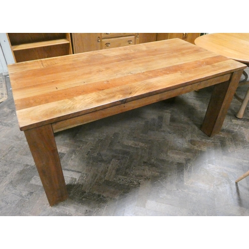 369 - Teak dining table on large square legs with solid thick top, 6' x 3'