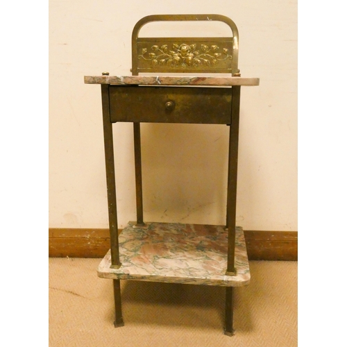 376 - Victorian brass and marble two tier hall table fitted a drawer, with embossed brass back