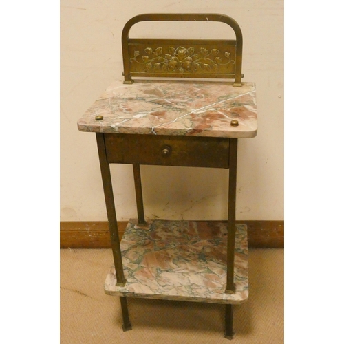 376 - Victorian brass and marble two tier hall table fitted a drawer, with embossed brass back