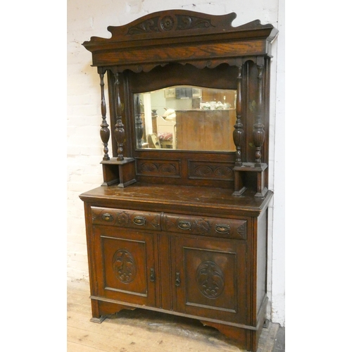 380 - Art Nouveau oak sideboard with mirror back, carved drawer fronts and panels to doors, 4' wide