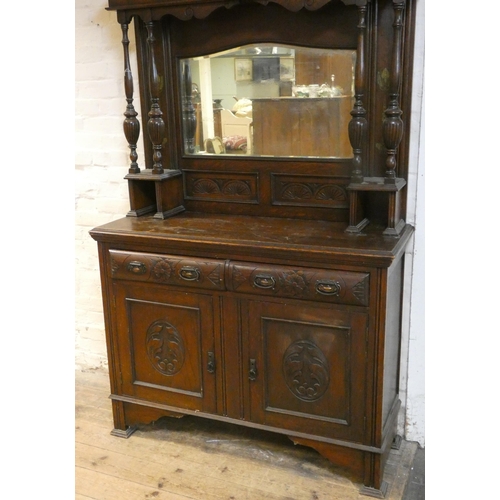 380 - Art Nouveau oak sideboard with mirror back, carved drawer fronts and panels to doors, 4' wide