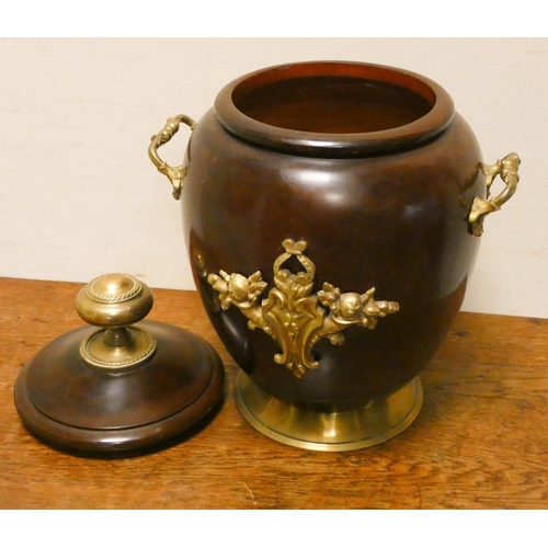 382 - Early 20th century turned wood and brass mounted large urn and cover 18