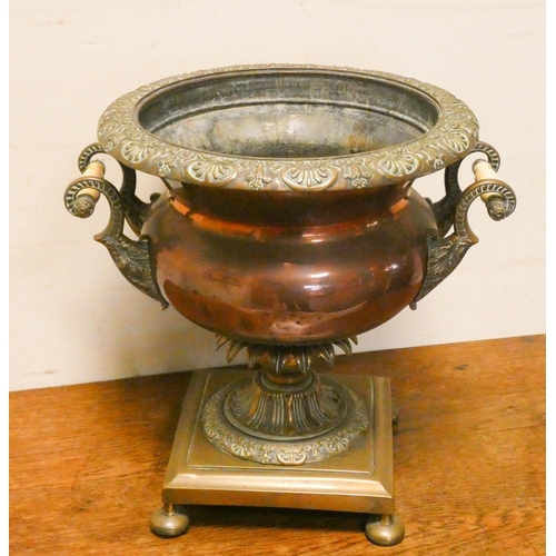 384 - Victorian copper and brass mounted twin handled urn/plant holder