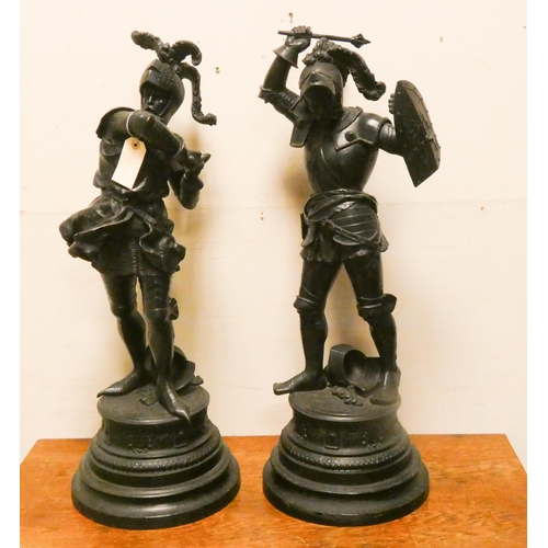 396 - Pair of Victorian spelter Medieval figures of knights in armour, each 29