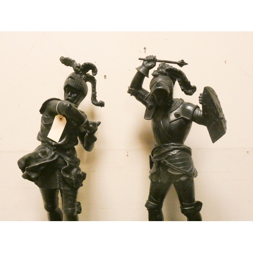 396 - Pair of Victorian spelter Medieval figures of knights in armour, each 29