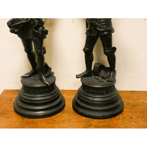 396 - Pair of Victorian spelter Medieval figures of knights in armour, each 29