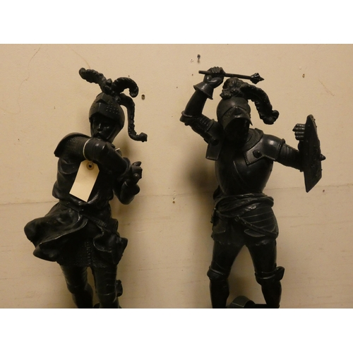 396 - Pair of Victorian spelter Medieval figures of knights in armour, each 29