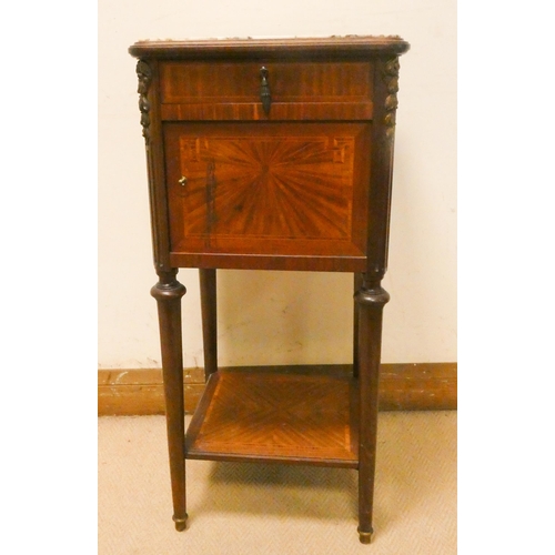 402 - French inlaid bedside cabinet with drawer under tier & inset marble top