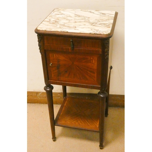 402 - French inlaid bedside cabinet with drawer under tier & inset marble top